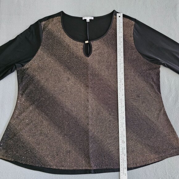 Notations Woman Top 3X Black Gold Sparkle 3/4 Sleeve Keyhole Neck Rhinestone - Picture 11 of 12